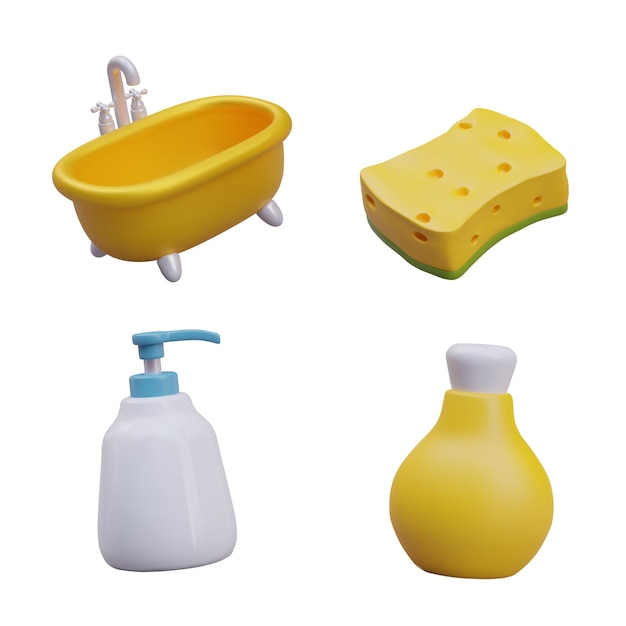 Vector set of 3d bathroom icons golden bathtub on legs yellow sponge bottles