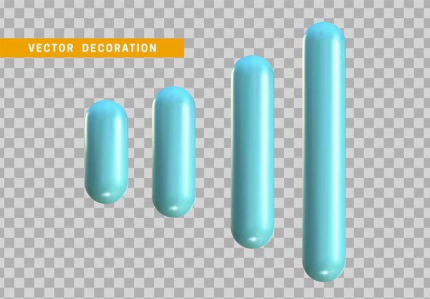 Set 3d blue capsule. geometric shapes objects. realistic geometry elements. plastic color gradient. render decorative figure for design. vector illustration on transparent background