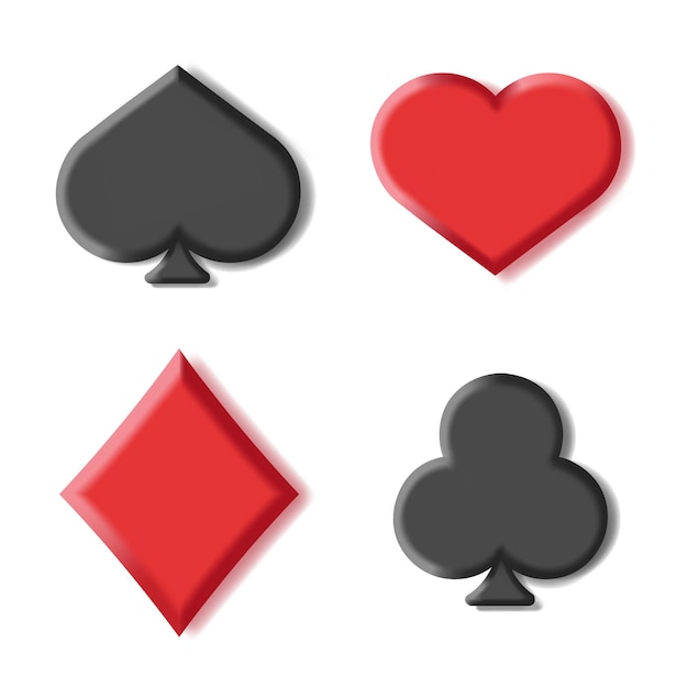 Set of 3d card suit icons in black and red vector illustration isolated