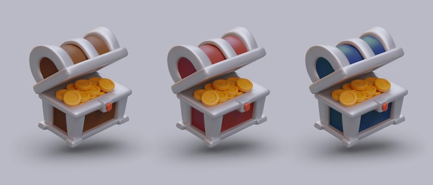 Set of 3D chests with coins Illustrations for online game Vector objects of different colors