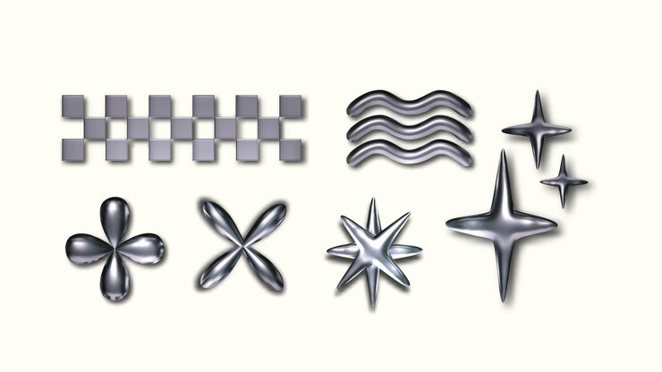 Set of 3D chrome shapes Element for posters banners flyers in Y2K style