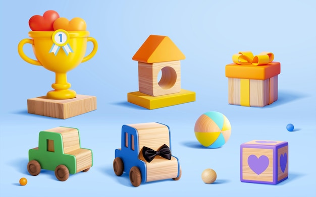 Vector set of 3d cute wooden toys