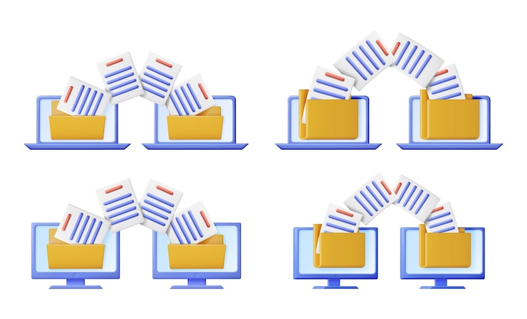 Vector set of 3d documents transferring between laptop and monitor digital file transfer