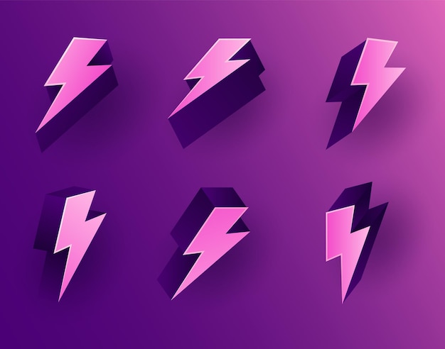 Vector set of 3d electric thunderbolt neon symbol lightining and electricity 3d icon