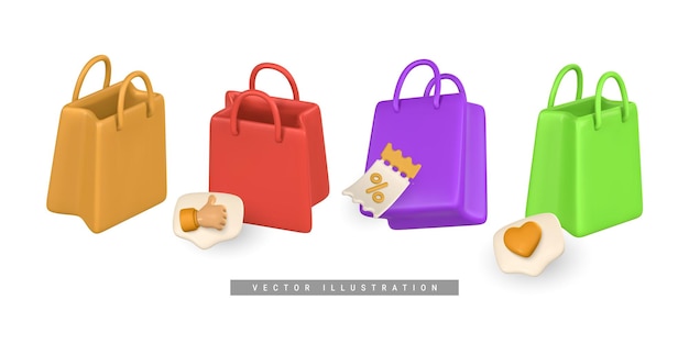 Set di borse da spesa vuote 3d borse da mano in stile cartone animato vendita concetto di shopping vettoriale