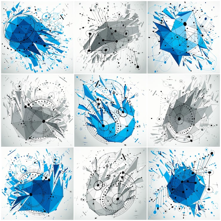 Vector 굴절 및 와이어프레임이 있는 낮은 폴리 철거 객체를 사용하여 만든 3d 엔지니어링 기술 벡터 배경 세트. bauhaus 복고 스타일 디자인 요소로 생성된 기술적 추상화.