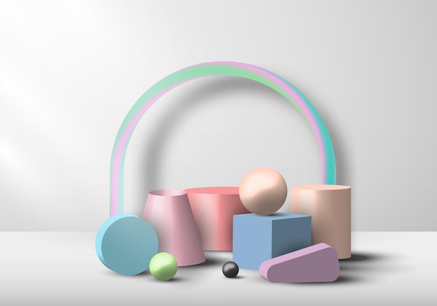 Set of 3d geometric object pastel color display on white background. vector illustration