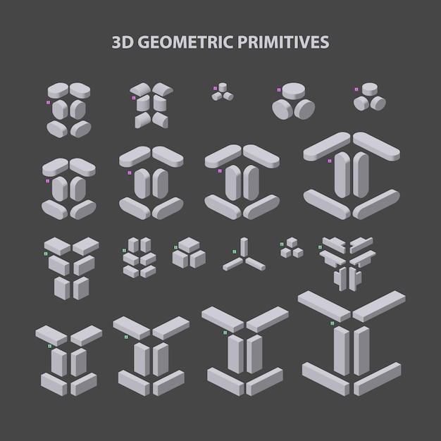 建設での組み合わせのための3d幾何学的プリミティブ形状のセットベクトル図