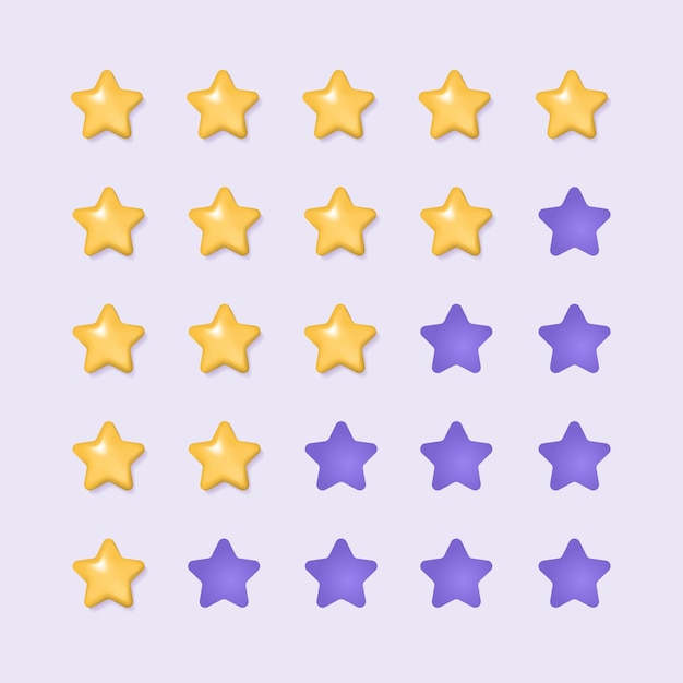 紫色の背景に低評価と高評価の 3 d の金色の星のセット顧客のレビューやクライアントのコンセプトからのフィードバックウェブサイトやモバイル アプリケーション用の現実的なベクトル図