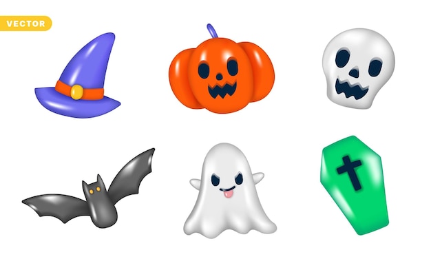 Set of 3d happy halloween decorative elements objects holiday cartoon icon trick or treat spooky boo bat coffin skull ghost witch hat pumpkin jack o lantern vector illustration pack bundle