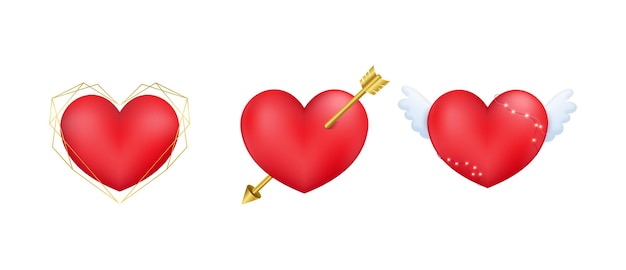 キューピッドの矢と翼を持つ 3 d ハートのセット結婚式愛カード招待状背景ベクトル図のバレンタインデーの装飾的な要素