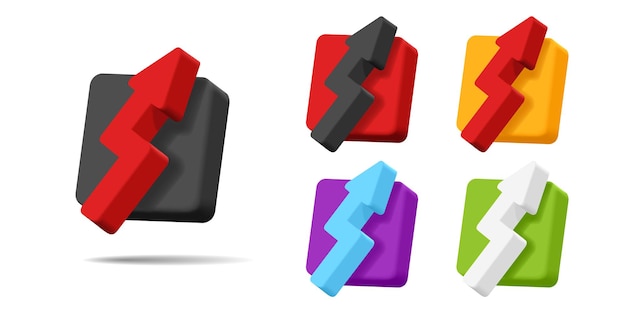 Set of 3d icons of arrow pointing up on a square volume shape in different colors