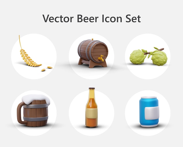 Set of 3D icons on beer theme Vector images of packaging and ingredients for advertising beer