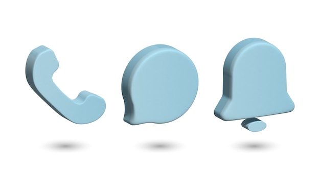 A set of 3d icons a telephone receiver a cloud and a bell in pale blue on a white background