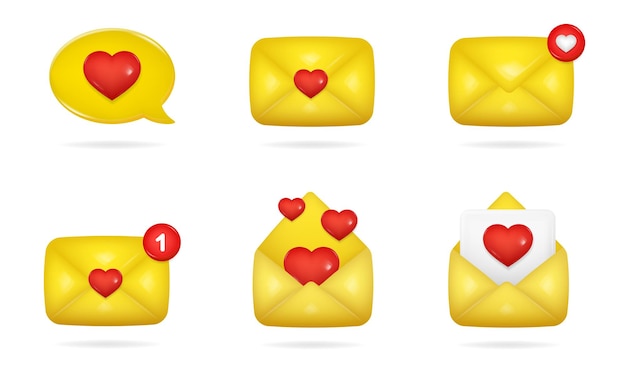 Set of 3d icons Yellow envelope with red hearts flying out Love letter Speech bubble New message