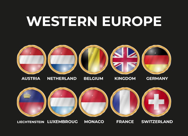 Vector set of 3d illustrations of western european state flags in circle shape