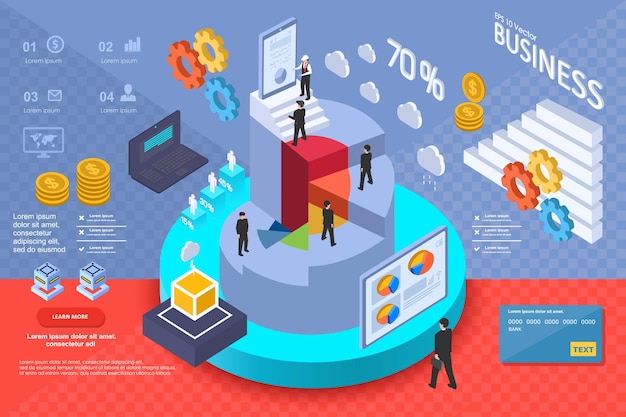 Vector set of 3d infographics for business data analysis landing page template charts