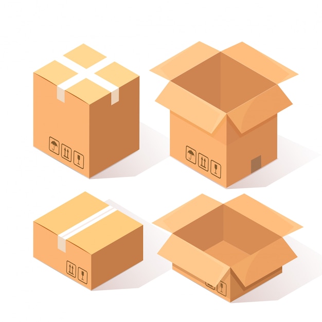 Set of 3d isometric carton, cardboard box isolated on white. Transportation package in store, distibution concept.