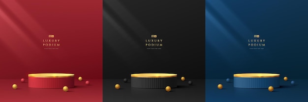 Vector set of 3d luxury background with red golden blue and black realistic cylinder pedestal podium