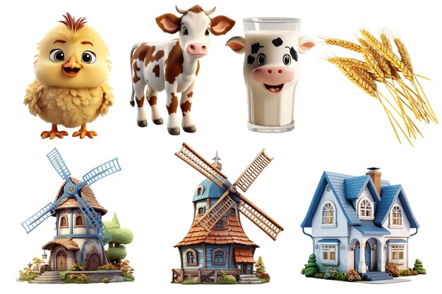 Vector a set of 3d objects cow house wheat cart windmill milk chicken mill isolated on a white background vector illustration