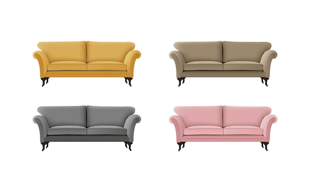 Vector set of 3d pink, black, brown and yellow sofa on white background. collection of realistic colorful s