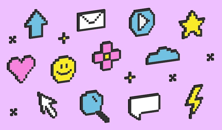 Vector set of 3d pixel elements isometric 8 bit objects pixel cursor click icons in retro style isometric 8 bit objects voxel retro signs