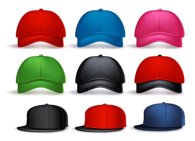 Vector set of 3d realistic baseball cap for man and woman with variety of colors isolated