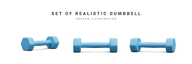 Set of 3d realistic blue dumbbells isolated on white background Vector illustration