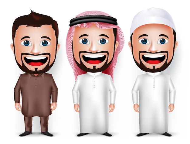 Set di abiti da personaggio dei cartoni animati 3d realistici per arabia saudita e pakistan isolati in bianco