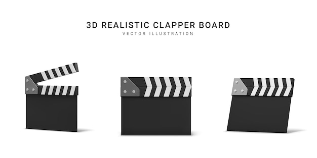 Набор 3d реалистичных хлопушек, изолированных на белом фоне Кинотеатр Оборудование для производства фильмов для съемки кадров или киносцен Векторная иллюстрация
