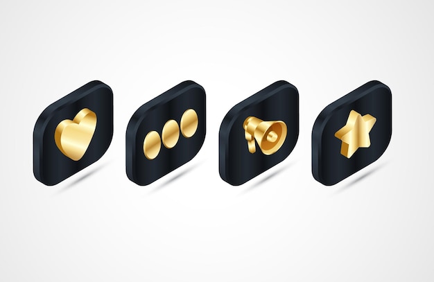 ウェブサイトアプリ用に設定された3dリアルな等尺性ブラックゴールドの豪華なスタイルのアイコンのセット
