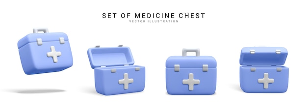 Set of 3d realistic medicine chest isolated on white background First aid kit in cartoon style Vector illustration