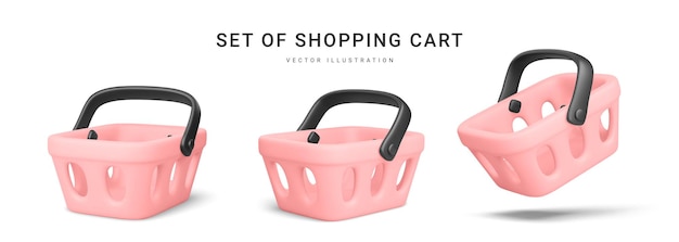 Vector set of 3d realistic pink plastic shopping cart isolated on white background vector illustration