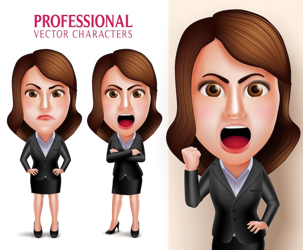 Set of 3D Realistic Professional Business Woman Vector Character Angry and Mad