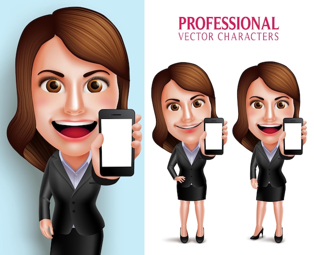 ビジネス衣装幸せな笑顔と3Dリアルなプロの女性キャラクターのセット