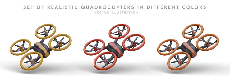Vector set of 3d realistic quadrocopters in yellow red and orange colors poster for company sells minidrone reconnaissance vector illustration in cartoon style