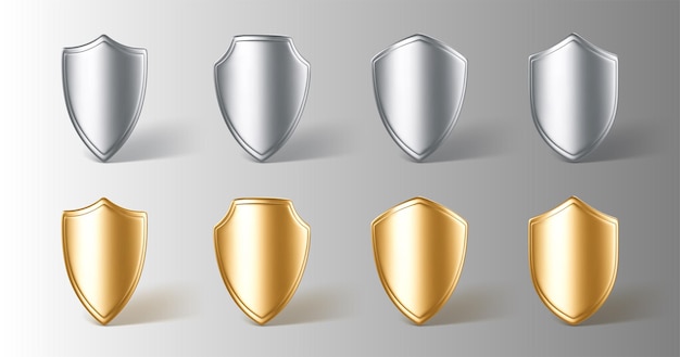 Набор трехмерных реалистичных стальных и золотых защитных щитов Концепция надежной защиты Vector 3d Illustration