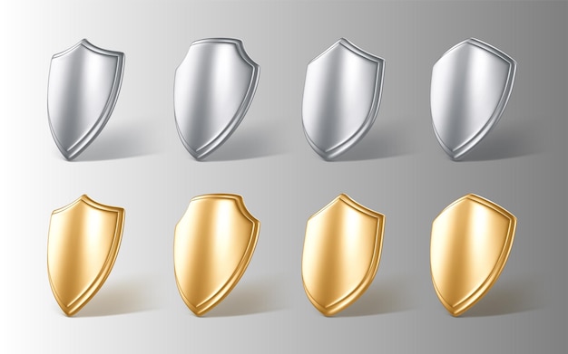 Set di acciaio realistico 3d e scudi protettivi dorati concetto di protezione sicura illustrazione vettoriale 3d