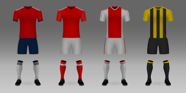 Vettore set di maglia da calcio modello realistico 3d bayern, benfica, ajax, aek.