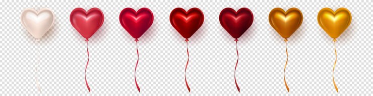 Vector set of 3d realistic valentines day red pink golden beige heart balloons on transparent background
