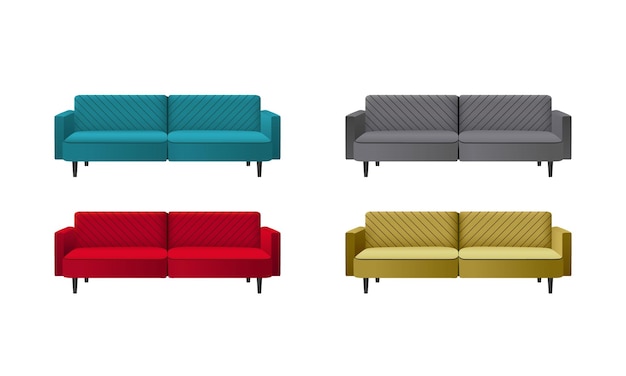 Vector set of 3d red, black, blue and yellow sofa. collection of realistic element furniture for interior.