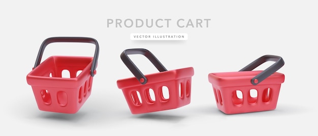 Set of 3d red realistic shopping cart with shadow isolated on white background. Vector illustration