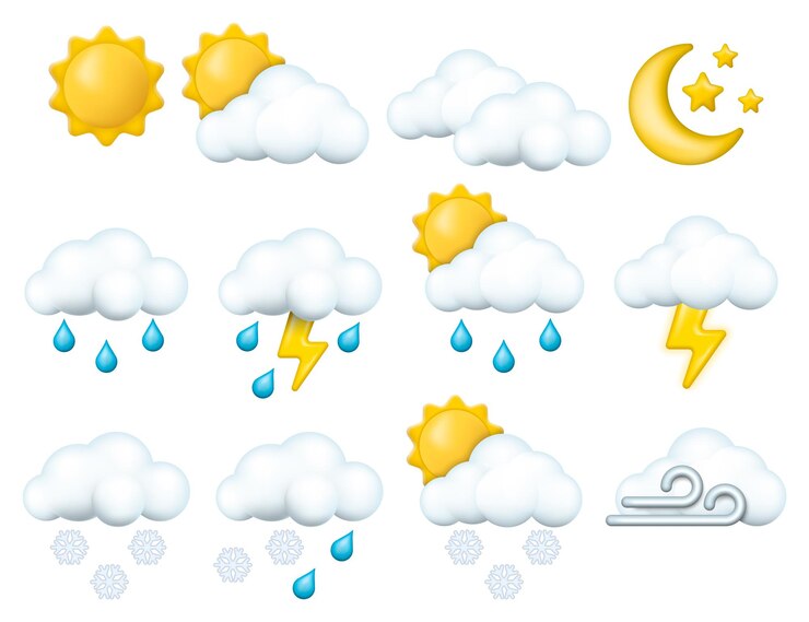 वेक्टर set of 3d render meteorology icons weather conditions and various forecast icons
