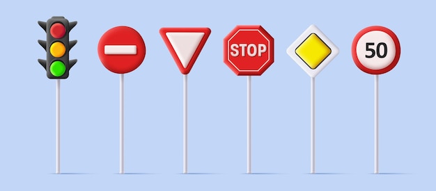 Set of 3d road street signs for vehicles and traffic light priority roads speed limit and restriction stop signboards