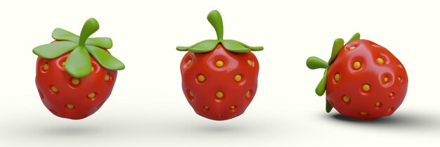 Vector set of 3d round strawberries view from different sides ripe red strawberry with seeds in dimples