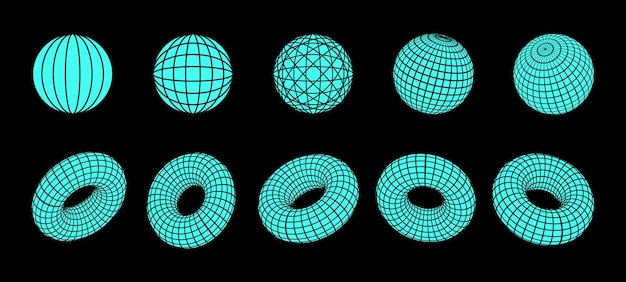 3D 모양과 와이어프레임 모델의 세트 구와 토러스 Y2K 테크노 미래주의 및 테크노 장식