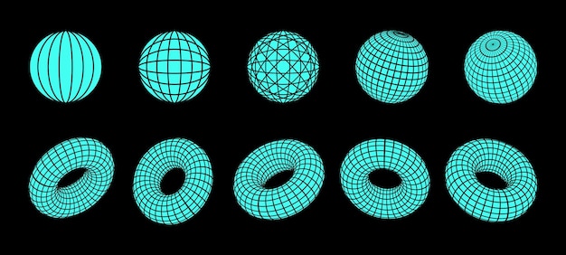 Vector set of 3d shapes and wireframe models spheres and torus y2k techno futuristic and techno decoration