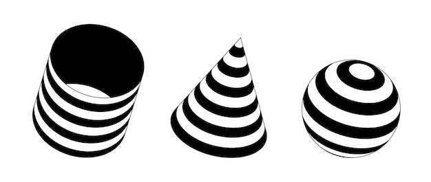 Set of 3d shapes with striped Black and white cone cylinder and sphere design elements for templates