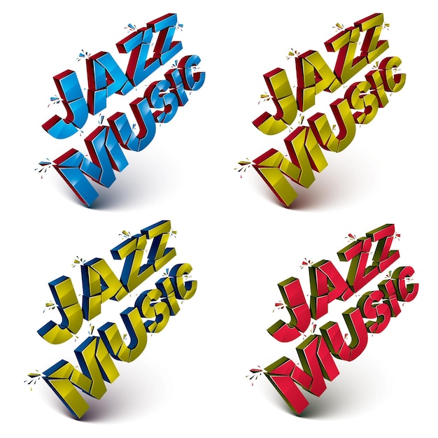 Set of 3d shattered vector jazz music words created with refractions. Dimensional inscription with specks isolated on white background.