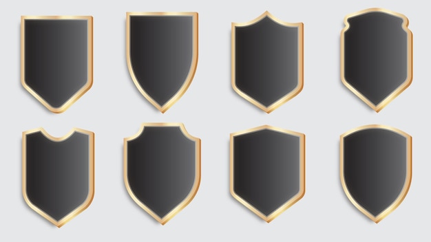 Set of 3d shield icons with golden frame